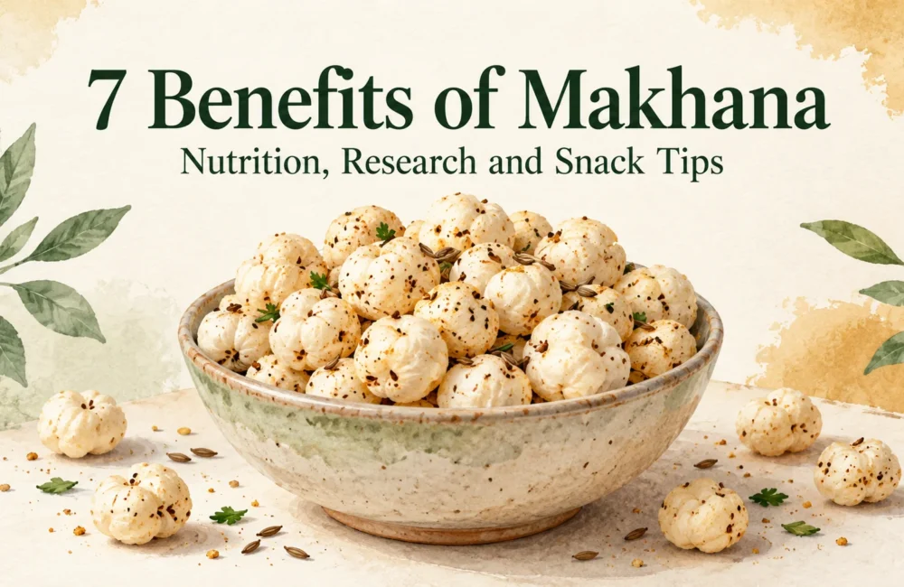 Bowl of roasted makhana with the title 7 Benefits of Makhana: Nutrition, Research and Snack Tips.